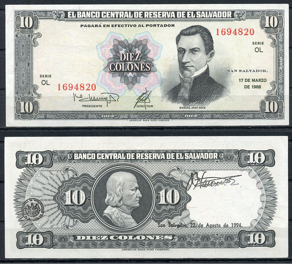 Сальвадор 10 колонов 1988 Мануэль Хосе Арсе, Христофор Колумб, 22 августа 1994 Pick 135 b  бумага  aUNC 451-732-3