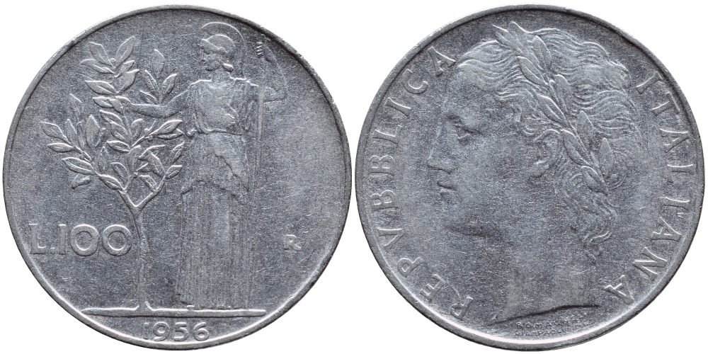 ИТАЛИЯ 100 ЛИР 1956 R, АФИНА KM 96.1 нержавеющая сталь 4394-543