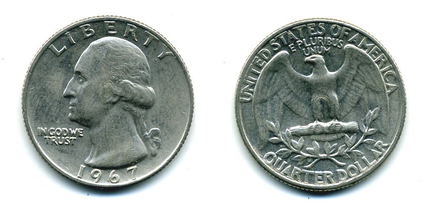 США 25 центов (квотер) 1967 Вашингтон KM 164a медь плакированная медно-никелем 46-1923