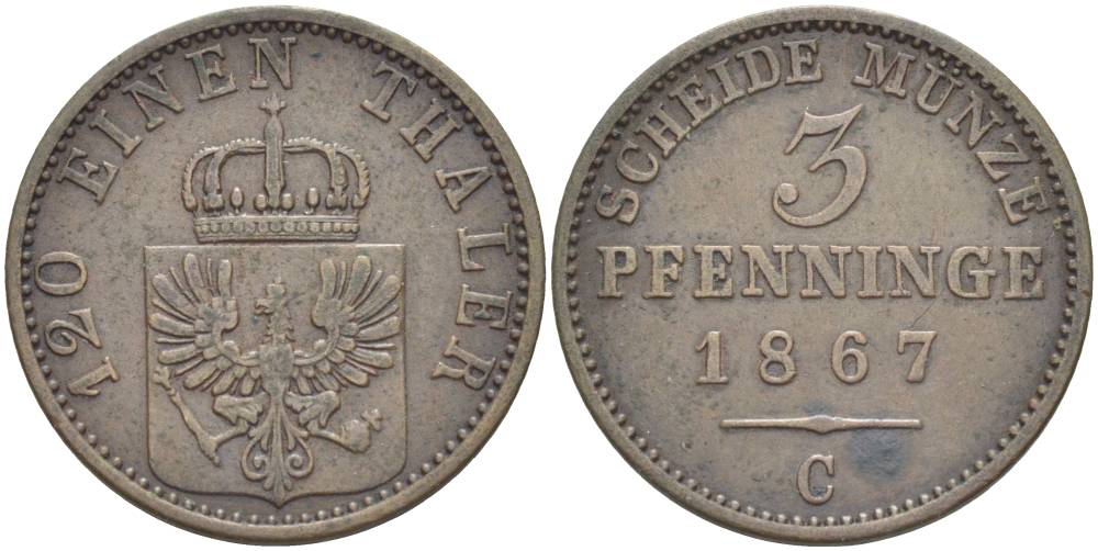 ПРУССИЯ 3 ПФЕННИГА 1867 C, ВИЛЬГЕЛЬМ I (1861-1888), ВЕС 4,41 ГР., МОНДВОР КЛЕВЕ KM 482, Jaeger 52, AKS 106, Olding 431. медь 31-1151