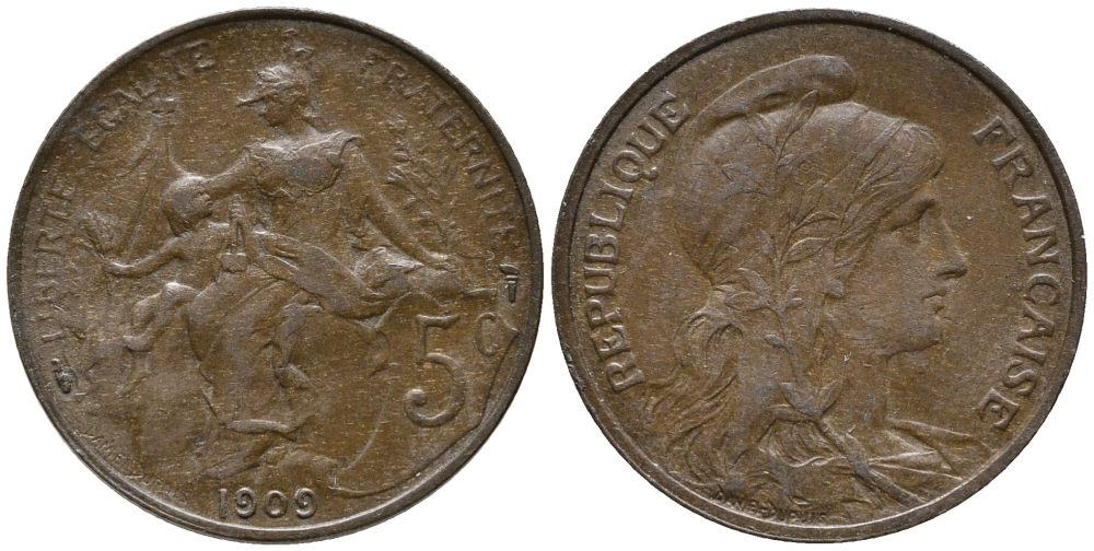 ФРАНЦИЯ 5 САНТИМОВ 1909 ТИП ДАНИЭЛЬ ДЮПЮИ KM 842, LE FRANC 119.20 бронза 67-125