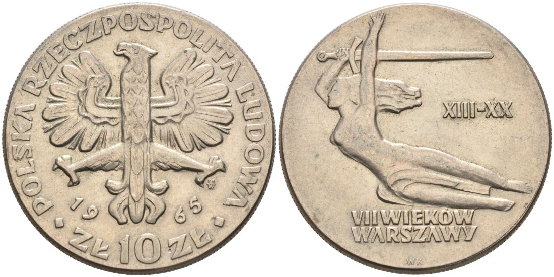 Польша 10 злотых 1965 700 лет Варшаве, богиня победы Ника с мечем KM 54 медно-никель 4572-414