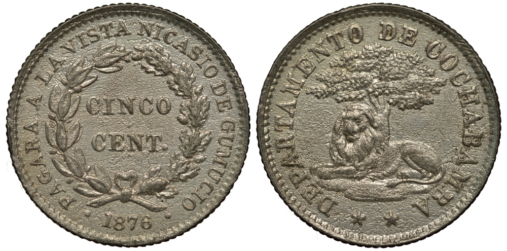 Боливия 10 сентаво 1876 департамент Кочабамба серебро aUNC 272-915