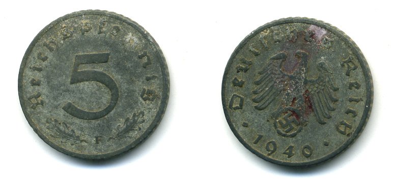 ГЕРМАНИЯ 5 РЕЙХСПФЕННИГОВ 1940 F, KM 100, J. 370 цинк 54-436