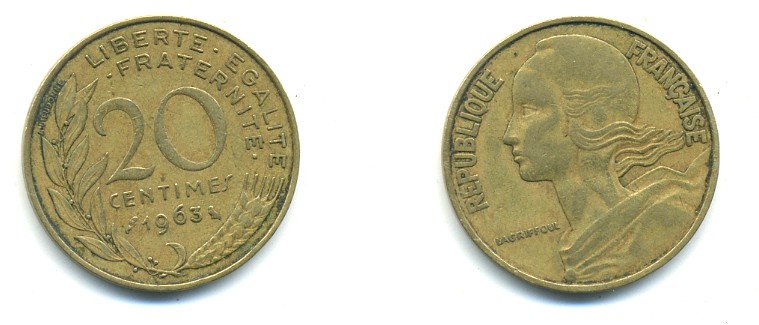 ФРАНЦИЯ 20 САНТИМОВ 1963 KM 930 медь алюминий никель 4364-125