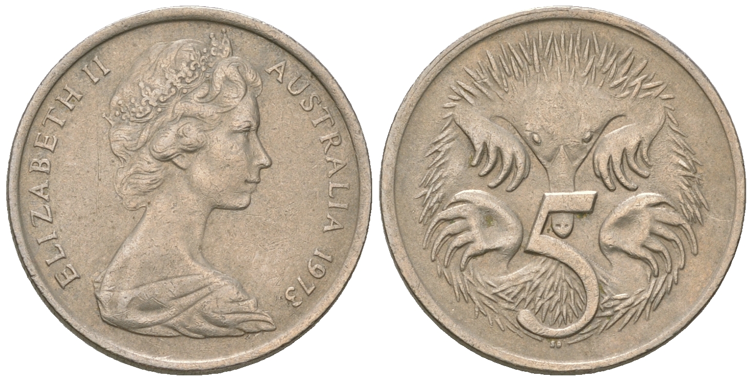 Австралия 5 центов 1973 Елизавета II (1952-2022), ехидна KM 64 медно-никель 4668-1162
