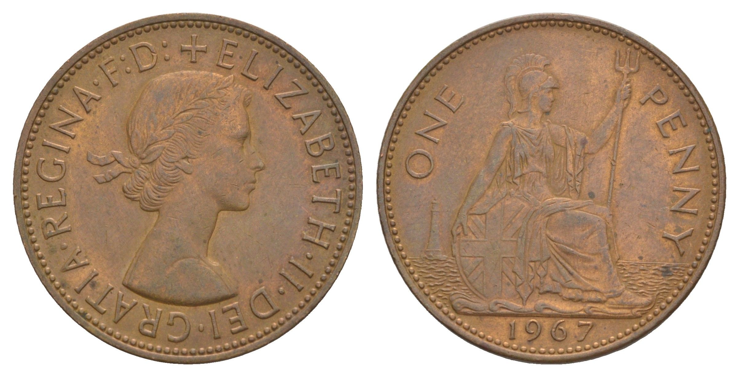 Великобритания 1 пенни 1967 Елизавета II (1952-2022) KM 897, Spink 4157 бронза UNC 4645-1016