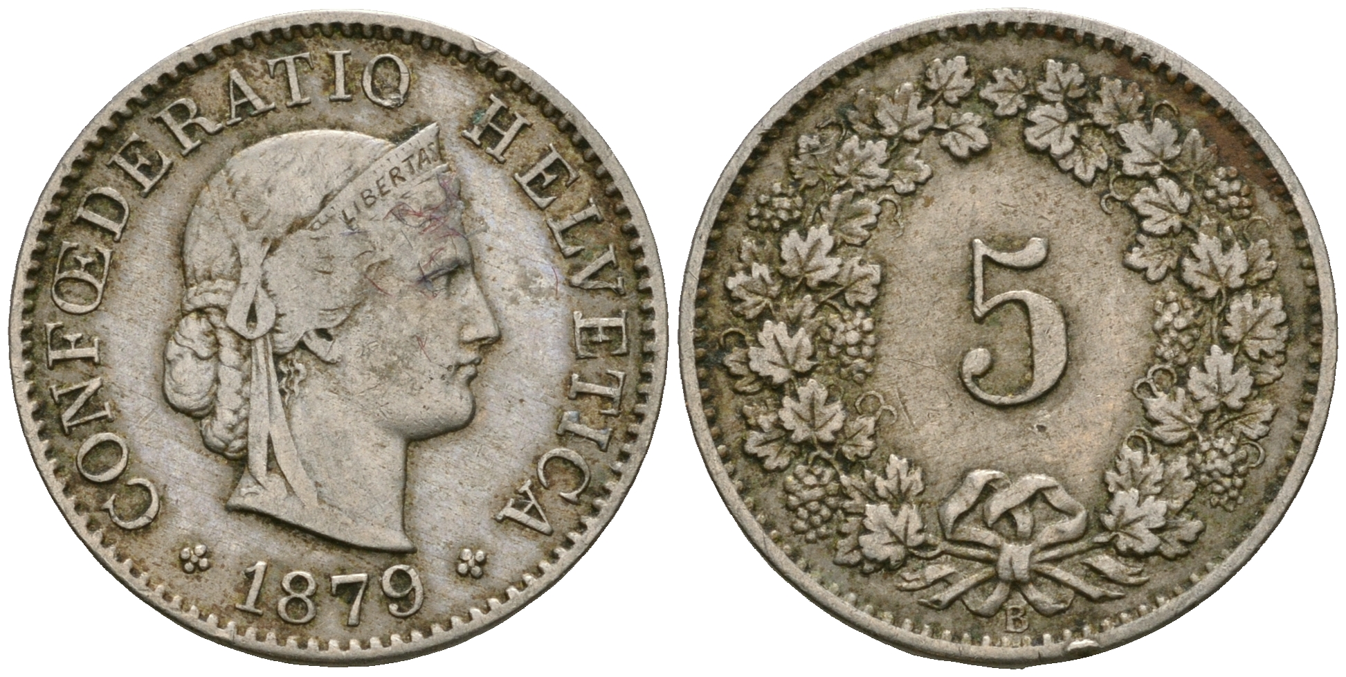 Швейцария 5 раппенов 1879 KM 26 медно-никель 4608-969