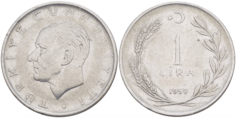 Турция 1 лира 1959 Мустафа Кемаль Ататюрк KM 889а.1 нержавеющая сталь 4529-1251