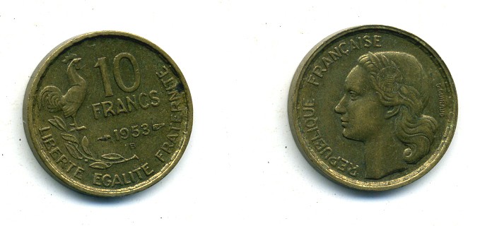 Франция 10 франков 1953 B, петух KM 915.2, Le Franc 363.9 алюминиевая бронза 84-252