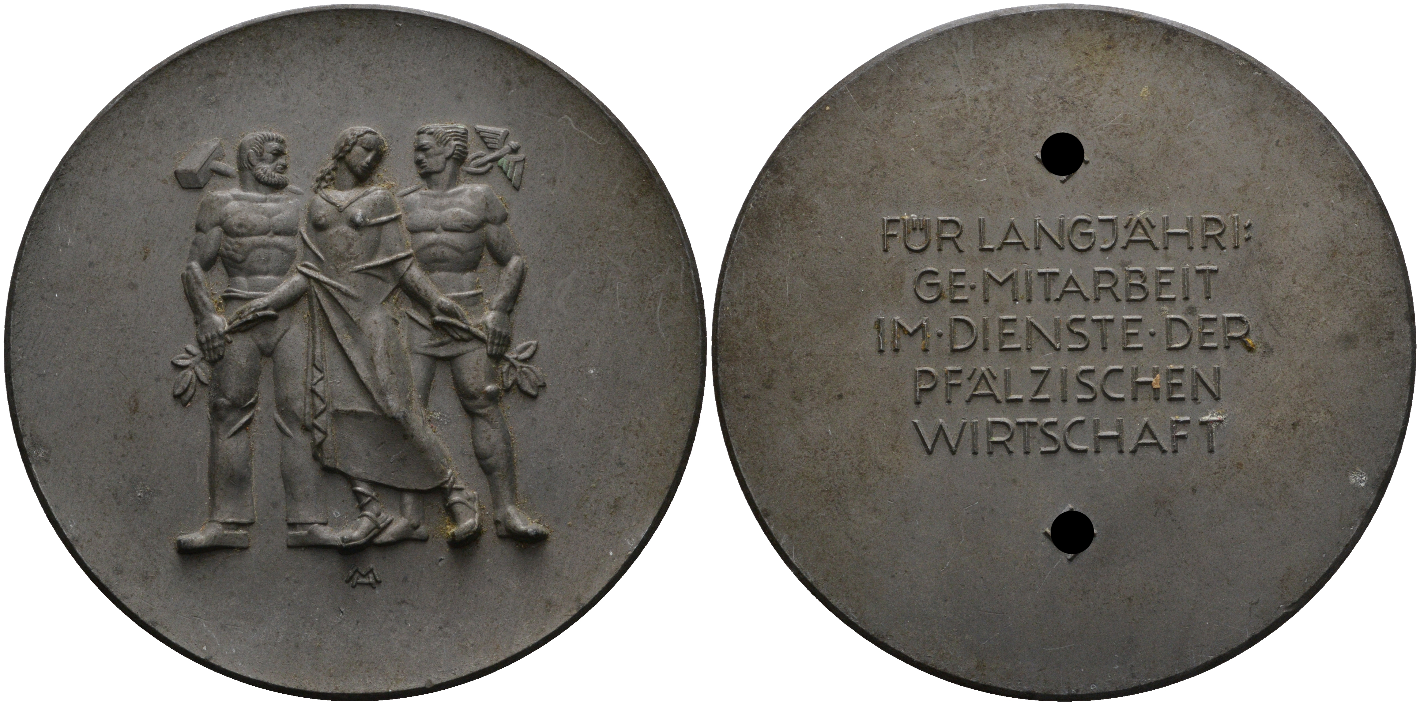 Германия медаль 1930-ые за долгую совместную работу по развитию экономики земли Пфальц, 81 мм., 173,3 гр. цинк 8-1-04-21