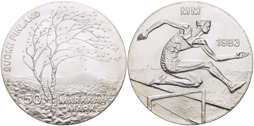 Финляндия 50 марок 1983 K-T, чемпионат мира по атлетике, бег с препятствиями KM 61 серебро UNC 6-5-1-23