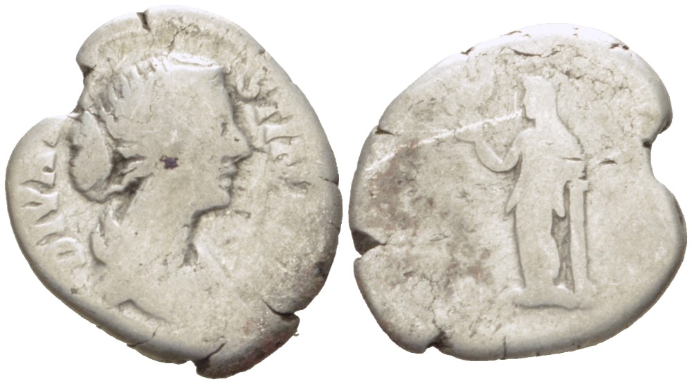 Римская Империя денарий 176 - 180 Фаустина Младшая, жена Марка Аврелия, посмертная чеканка, DIVA FAVSTINA PIA, бюст императрицы / AETERNITAS, Этернитата, персонификация Вечности, Рим, fine RIC 740 серебро 1073-11-24