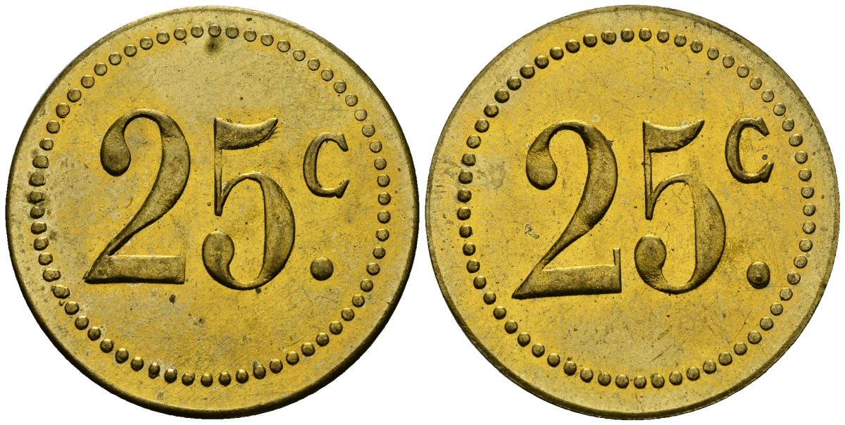 Франция 25†сантимов XIX-XX век ресторанный жетон латунь 4166-1124