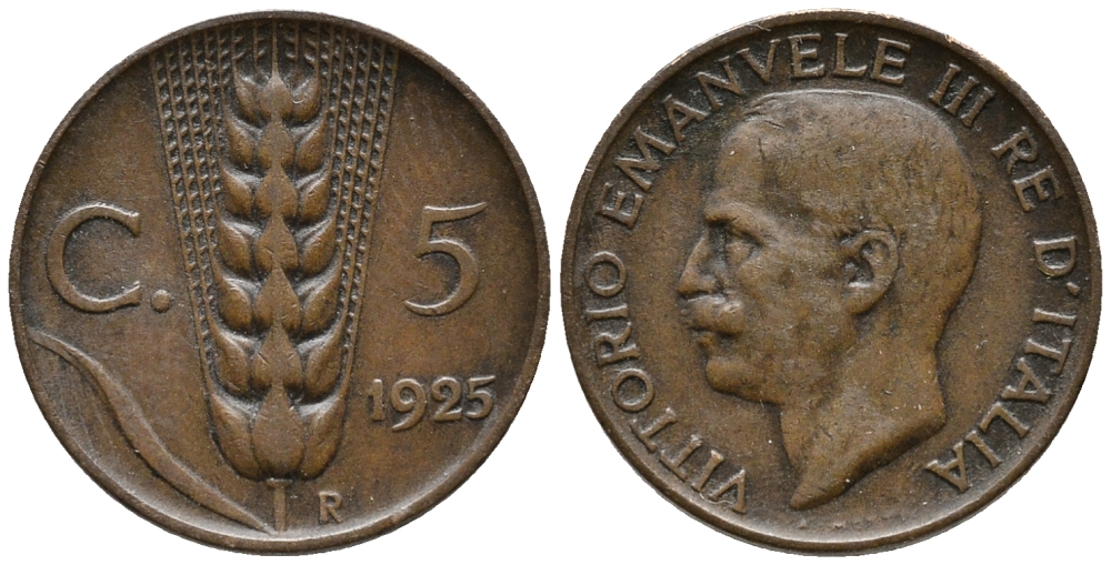 ИТАЛИЯ 5 ЧЕНТЕЗИМО 1925 R, ВИКТОР ИМАНУИЛ III. КОЛОС KM 59 медь 66-126
