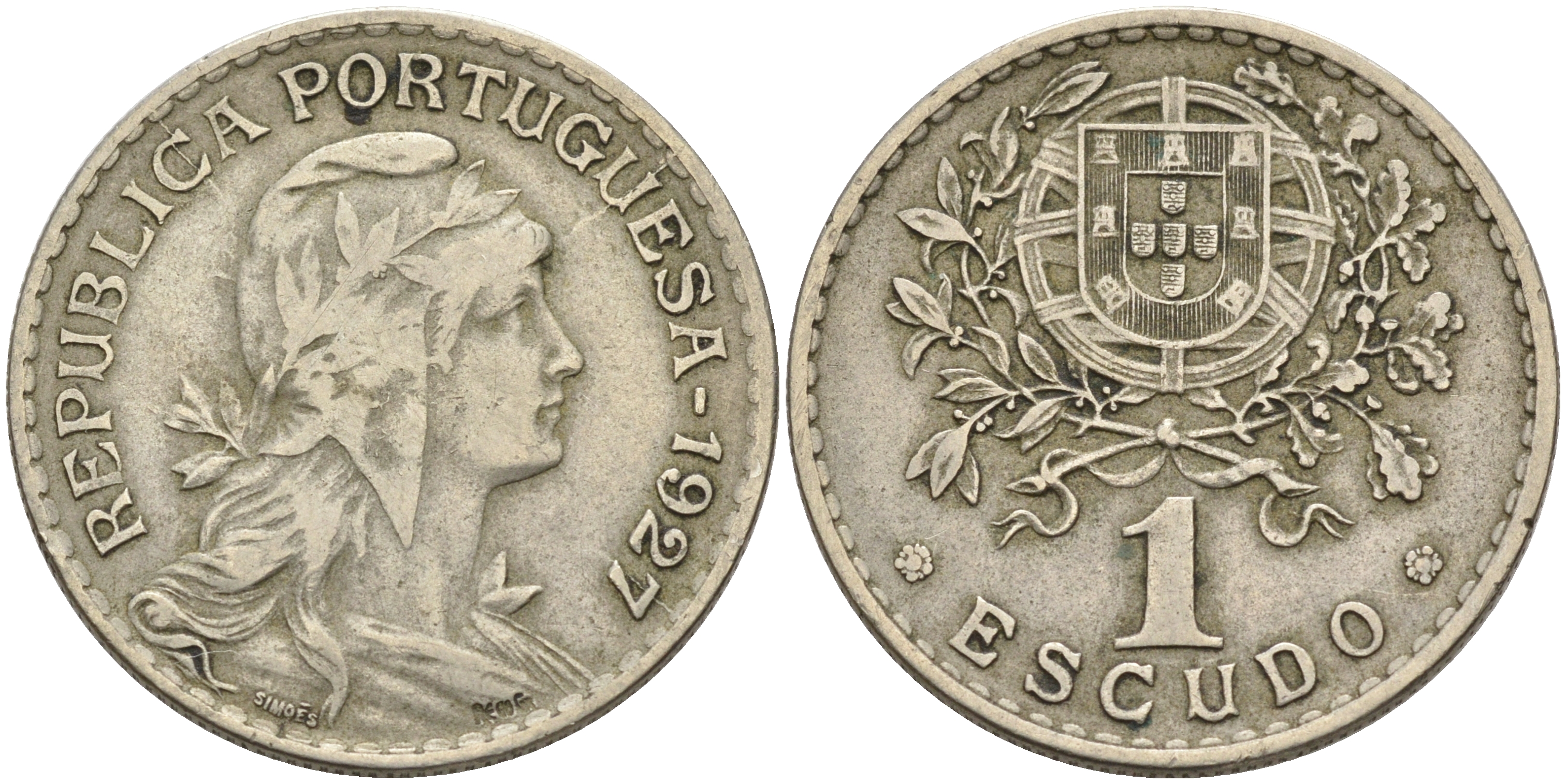 ПОРТУГАЛИЯ 1 ЭСКУДО 1927 ПЕРВЫЙ ГОД KM 578 медно-никель 4563-1014