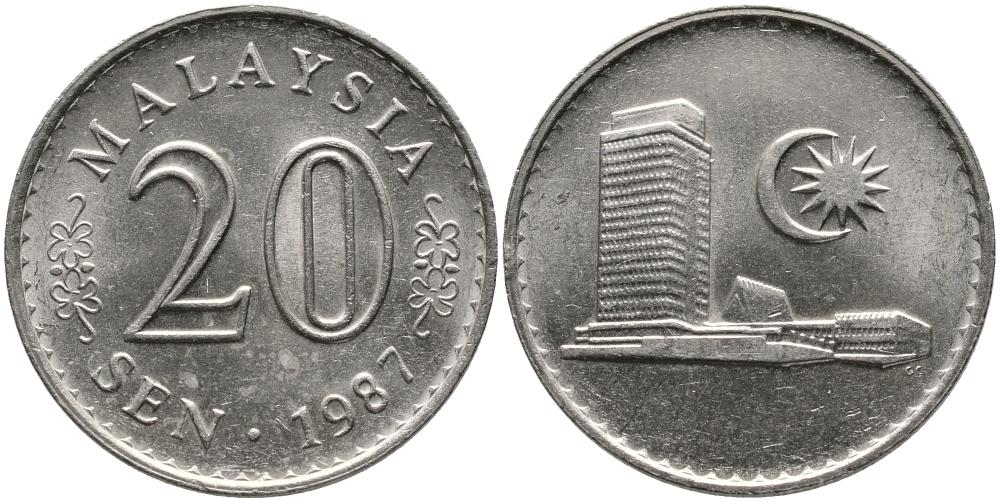 Малайзия 20 сенов 1987 здание парламента KM 4 медно-никель 3336-641