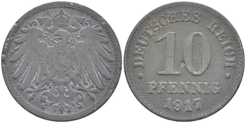 ГЕРМАНИЯ 10 ПФЕННИГОВ 1917 KM 26, J. 299 цинк 175-227
