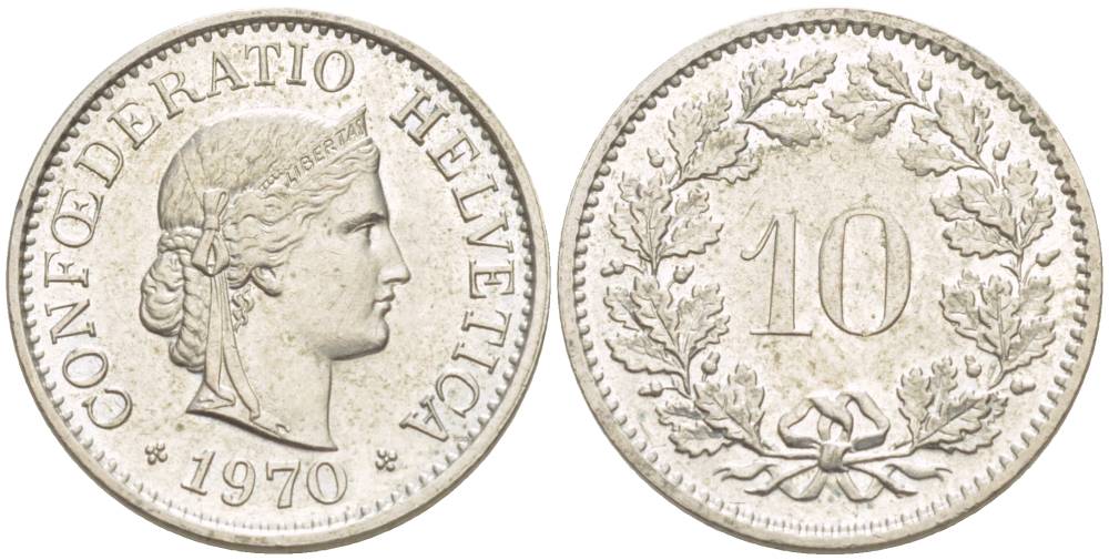 Швейцария 10 раппенов 1970 KM 27 медно-никель 4529-255