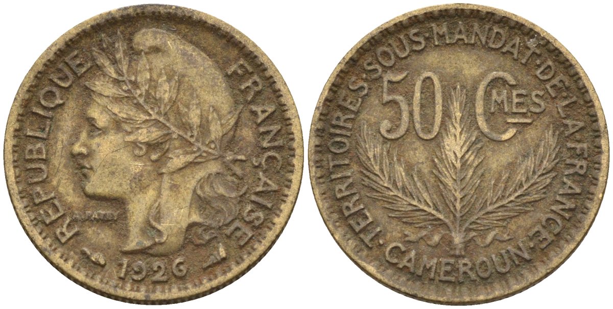 Камерун 50 сантимов 1926 (a), мондвор Париж KM 1 алюминиевая бронза 4164-1245
