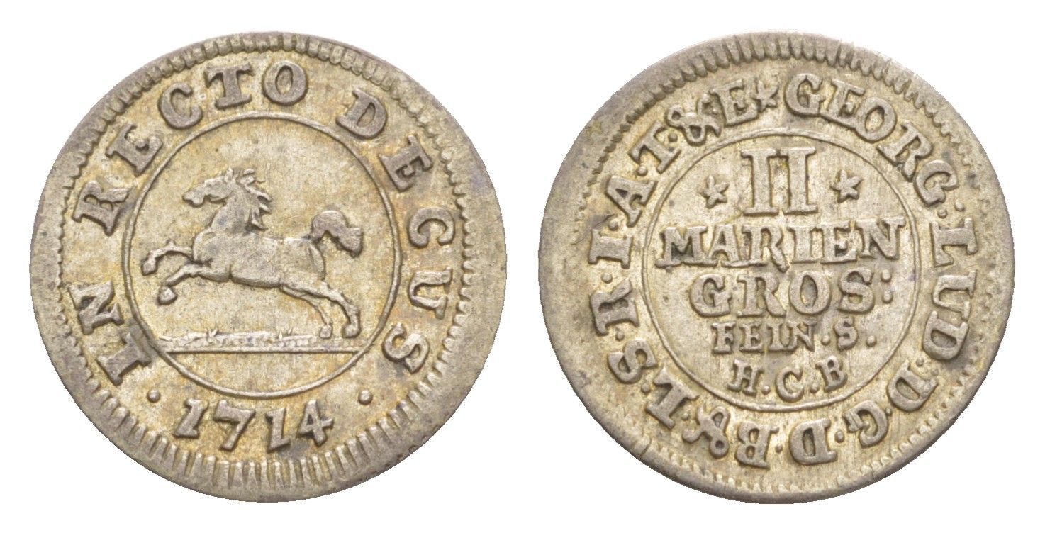 Брауншвейг-Каленберг-Ганновер 2 мариенгроша 1714 HCB, Георг I (1698-1727), из коллекции Ричарда Б. Смита Welter 2206 серебро 1525-932
