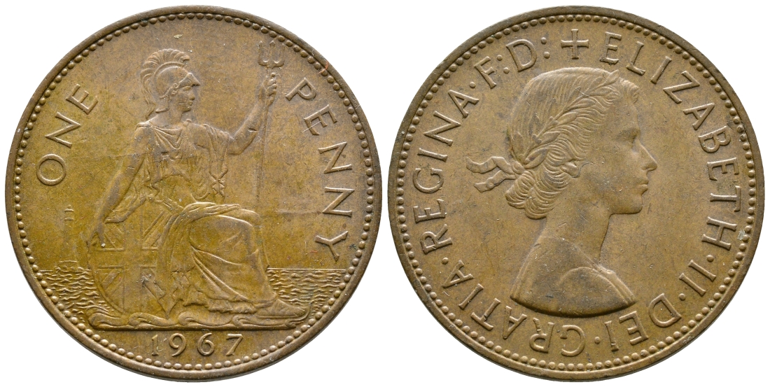 Великобритания 1 пенни 1967 Елизавета II (1952-2022) KM 897, Spink 4157 бронза 4364-4322