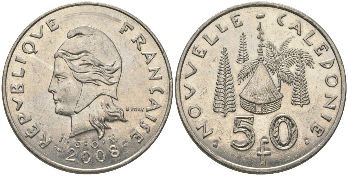 Французская Новая Каледония 50 франков 2008 хижина среди сосен и пальм, (IEOM) KM 13a, Schoen 15a, Lec 128i медно-никель 114-435
