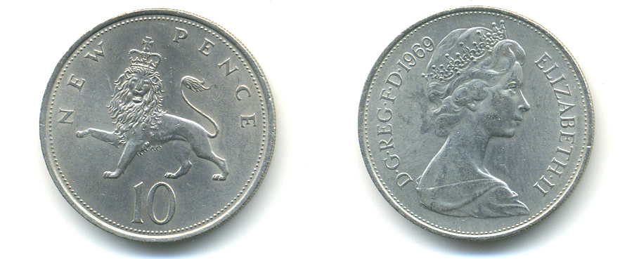 Великобритания 10 пенсов 1969 Елизавета II (1952-2022) KM 912, Spink 4231 (F1) медно-никель 83-621