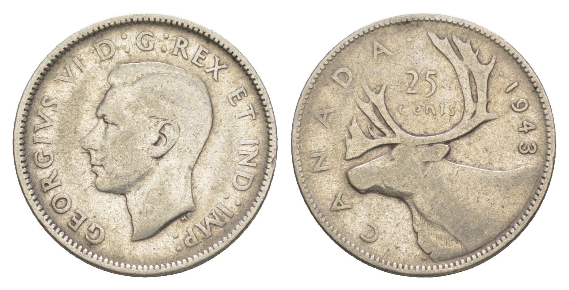 Канада 25 центов 1943 Георг VI (1936-1952), олень KM 35 серебро 4631-852