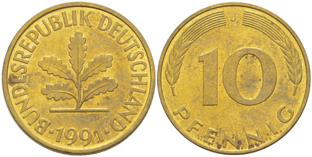 ФРГ 10 ПФЕННИГОВ 1991 J KM 108, J.383 сталь плакированная латунью 3718-843