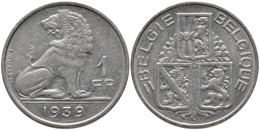 БЕЛЬГИЯ 1 ФРАНК 1939 BELGIE-BELGIQUE KM 120 никель 4384-925