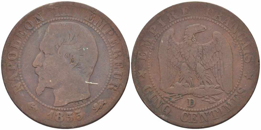 ФРАНЦИЯ 5 САНТИМОВ 1855 D, НАПОЛЕОН III (1852-1870) KM 777.4, LE FRANC 116.23 бронза 108-331