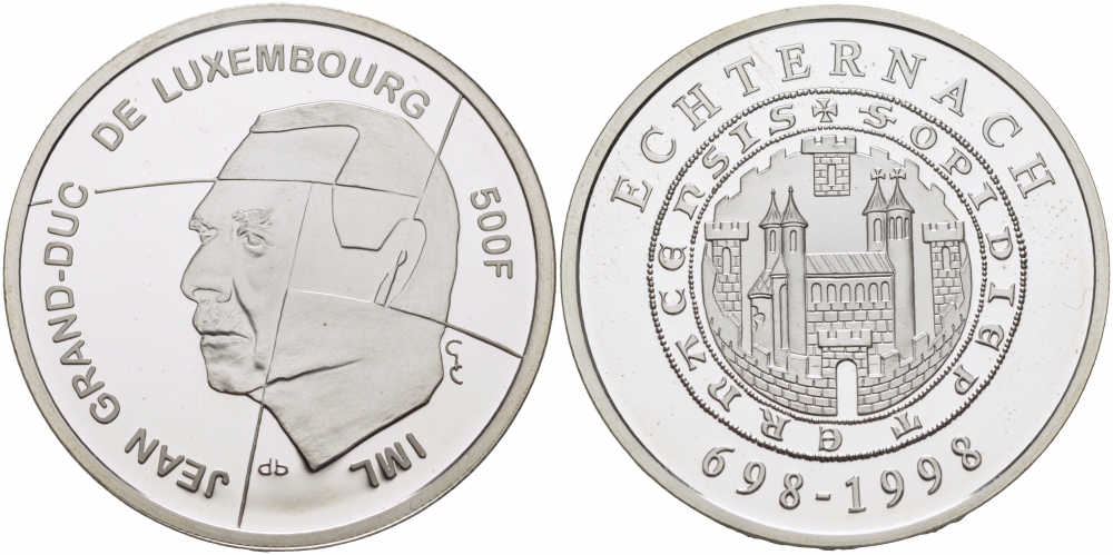 Люксембург 500 франков 1998 1300 лет коммуне Эхтернах KM 73 серебро PROOF 1081-5-54