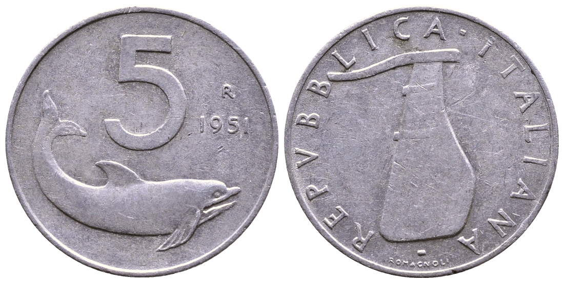 ИТАЛИЯ 5 ЛИР 1951 R, РУЛЬ, ДЕЛЬФИН KM 92 алюминий 4379-967