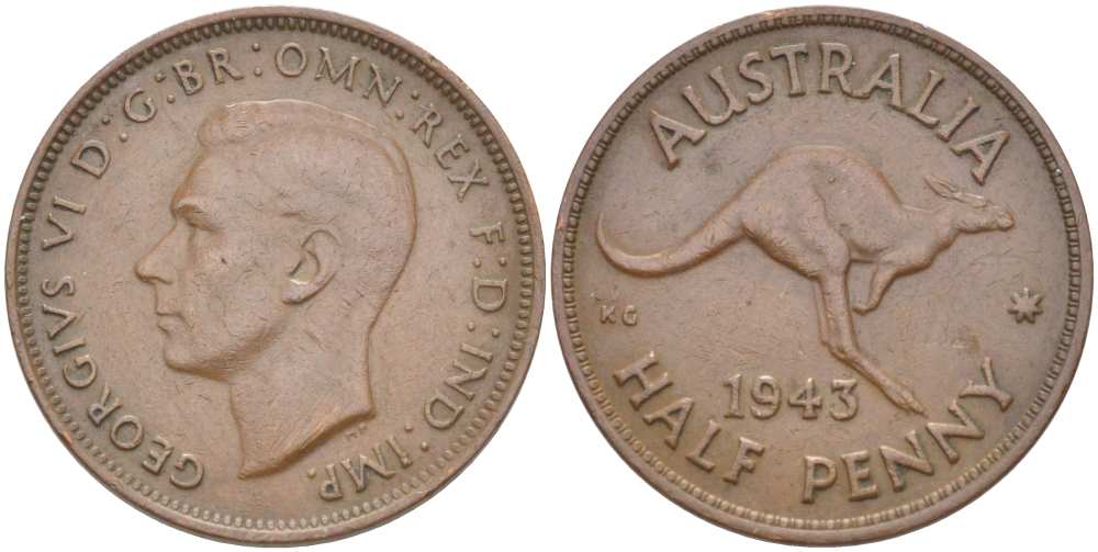 АВСТРАЛИЯ 1/2 ПЕННИ 1943 m, ГЕОРГ VI (1936-1952), КЕНГУРУ KM 41 бронза 4514-827