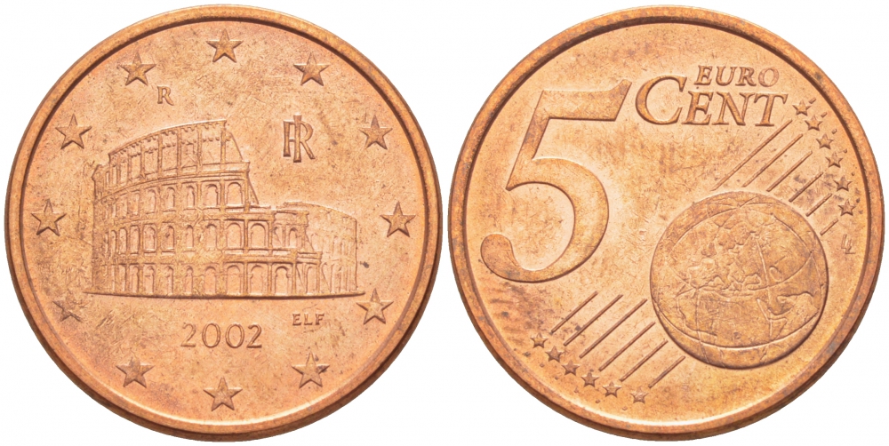 ИТАЛИЯ 5 ЕВРОЦЕНТОВ 2002 R KM 210 сталь покрытая медью 3457-1262