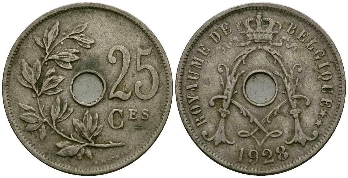 Бельгия 25 сантимов 1928 Belgique KM 68 медно-никель 4165-611