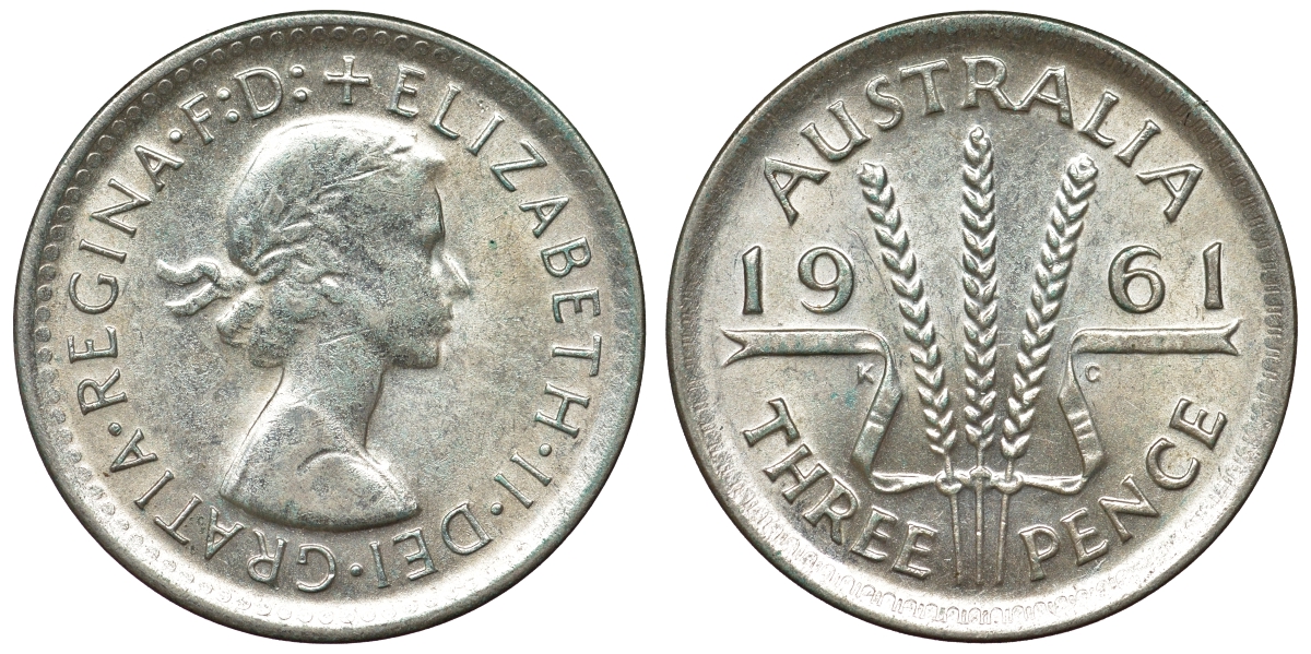 Австралия 3 пенса 1961 m, Елизавета II (1952-2022) KM 57 серебро 71-722