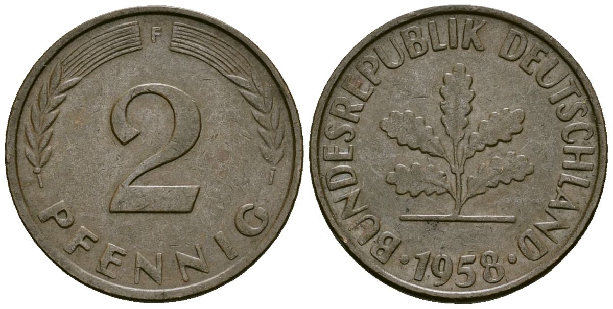 ФРГ 2 пфеннига 1958 F KM 106 бронза 4173-1137