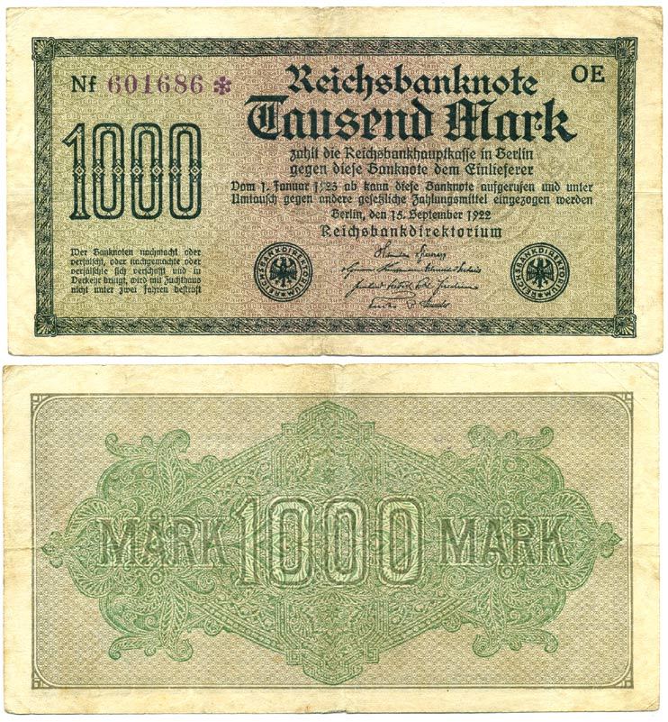 ГЕРМАНИЯ 1000 МАРОК 1922 15 СЕНТЯБРЯ 1922, ВОДЯНОЙ ЗНАК F, БЕЛАЯ БУМАГА Pick 76c бумага 3295-53-1