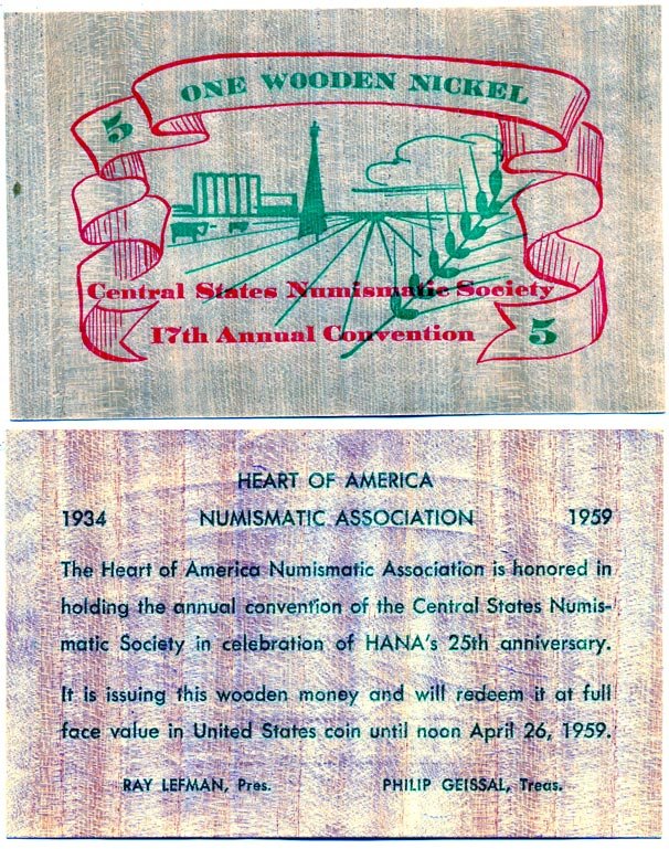 Канада 1 деревянный никель = 5 центов 1959 нумизматическая ассоциация Центральной Америки   дерево  UNC (пресс) 7146-60-3-1