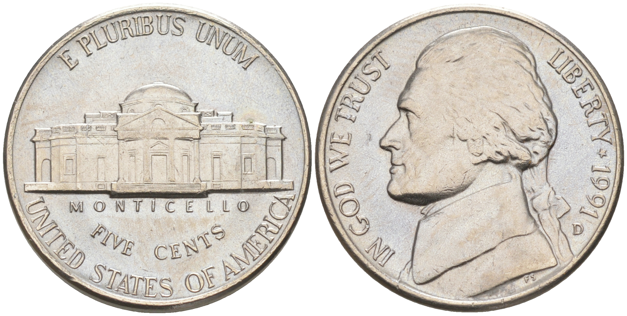 США 5 ЦЕНТОВ 1991 D ДЖЕФФЕРСОН KM A192 медно-никель 190-151