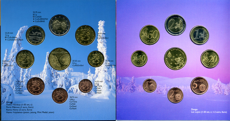 Финляндия евронабор из 8 монет + жетон 2003 золотодобытчики, официальный набор в оригинальном буклете  биметалл  UNC  7-5-6-05