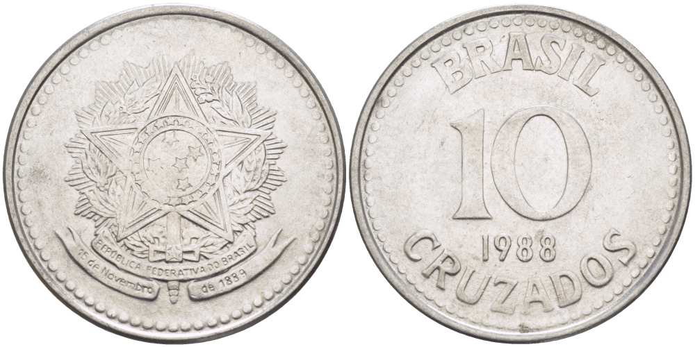 Бразилия 10 крузадо 1988 реформа 1986-1989 KM 607 нержавеющая сталь 210-227