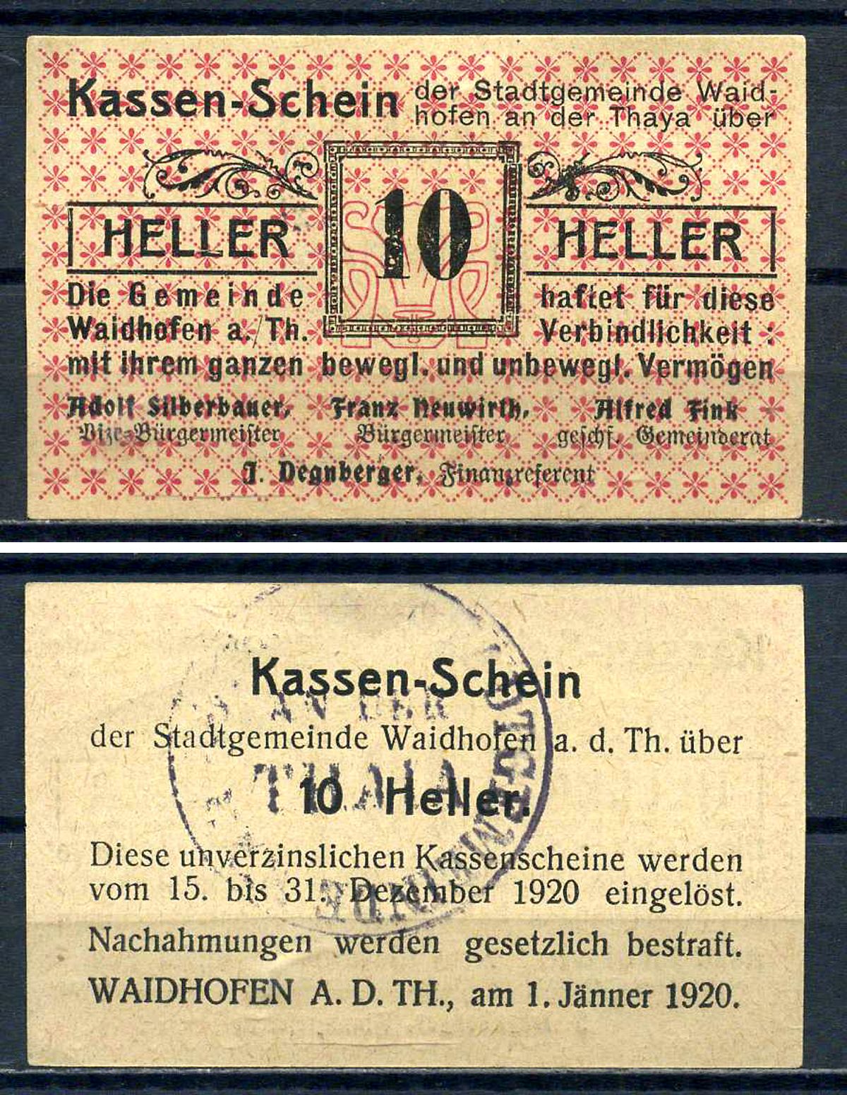 Вайдхофен-ан-дер-Тайя (Австрия) 10 геллеров 1920 Jaksc/Pick?JPR1125Ib-10, бумага 7556-31-2-1