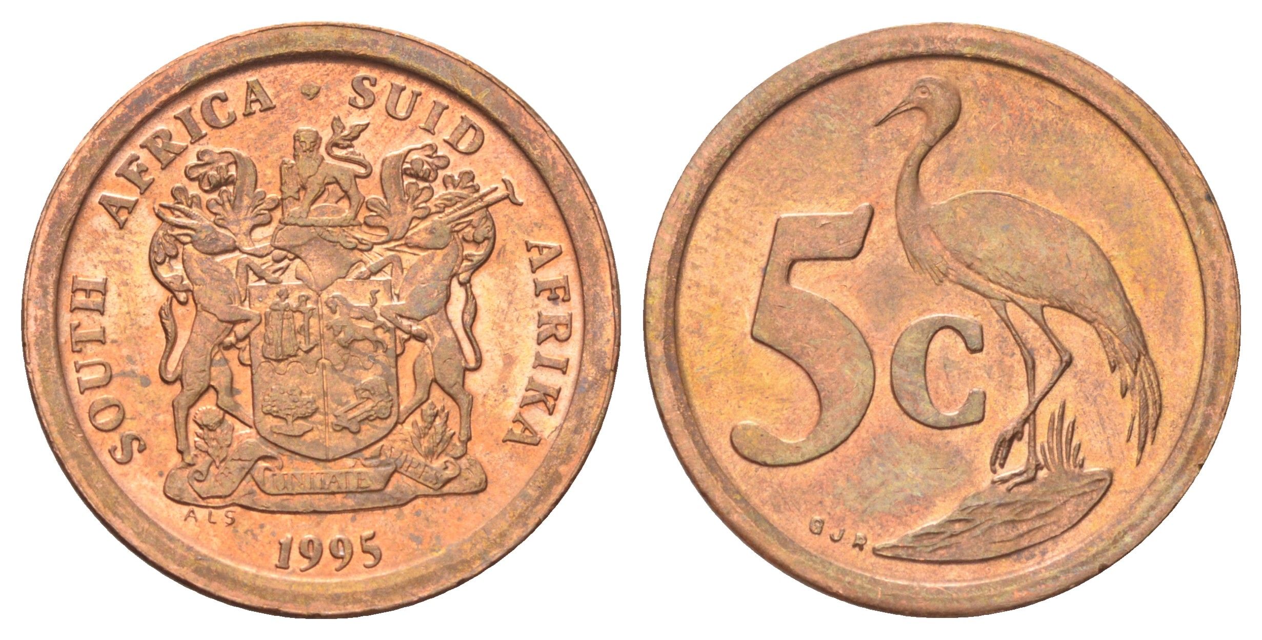 ЮАР 5 центов 1995 герб, райский журавль KM 134 сталь плакированная медью UNC 4696-1014