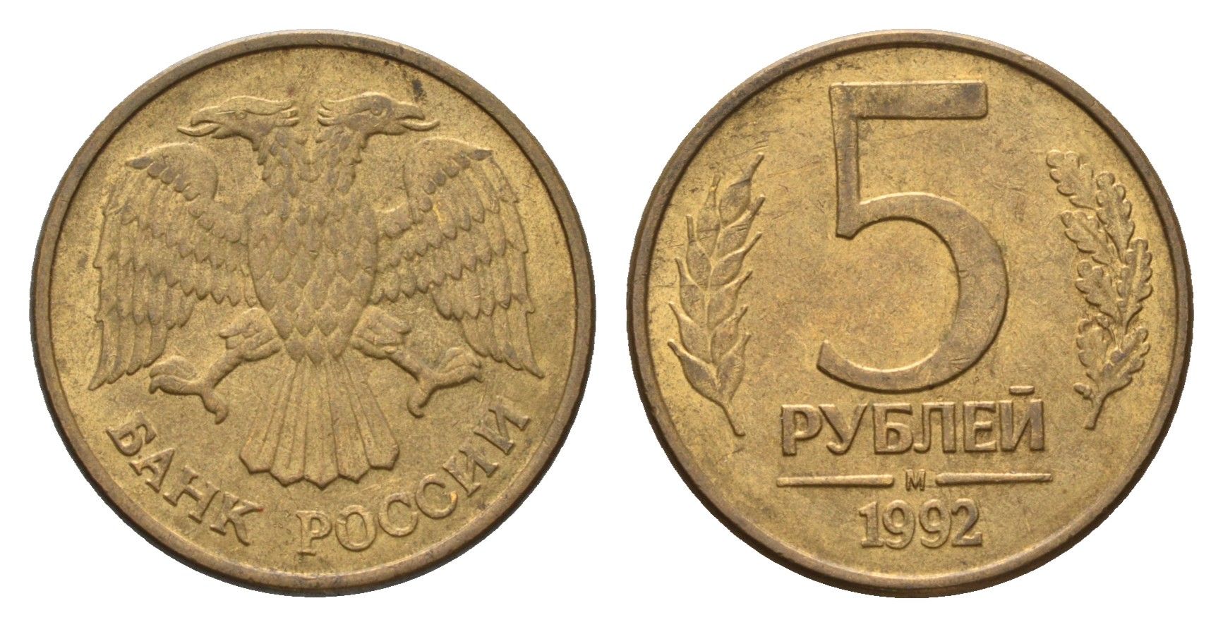 Россия 5 рублей 1992 М Y 312 сталь плакированная латунью 4684-354