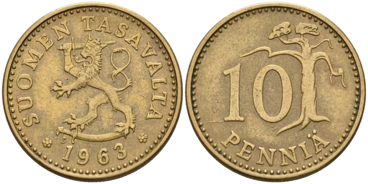 Финляндия 10 пенни 1963 S KM 46 алюминиевая бронза 4595-124