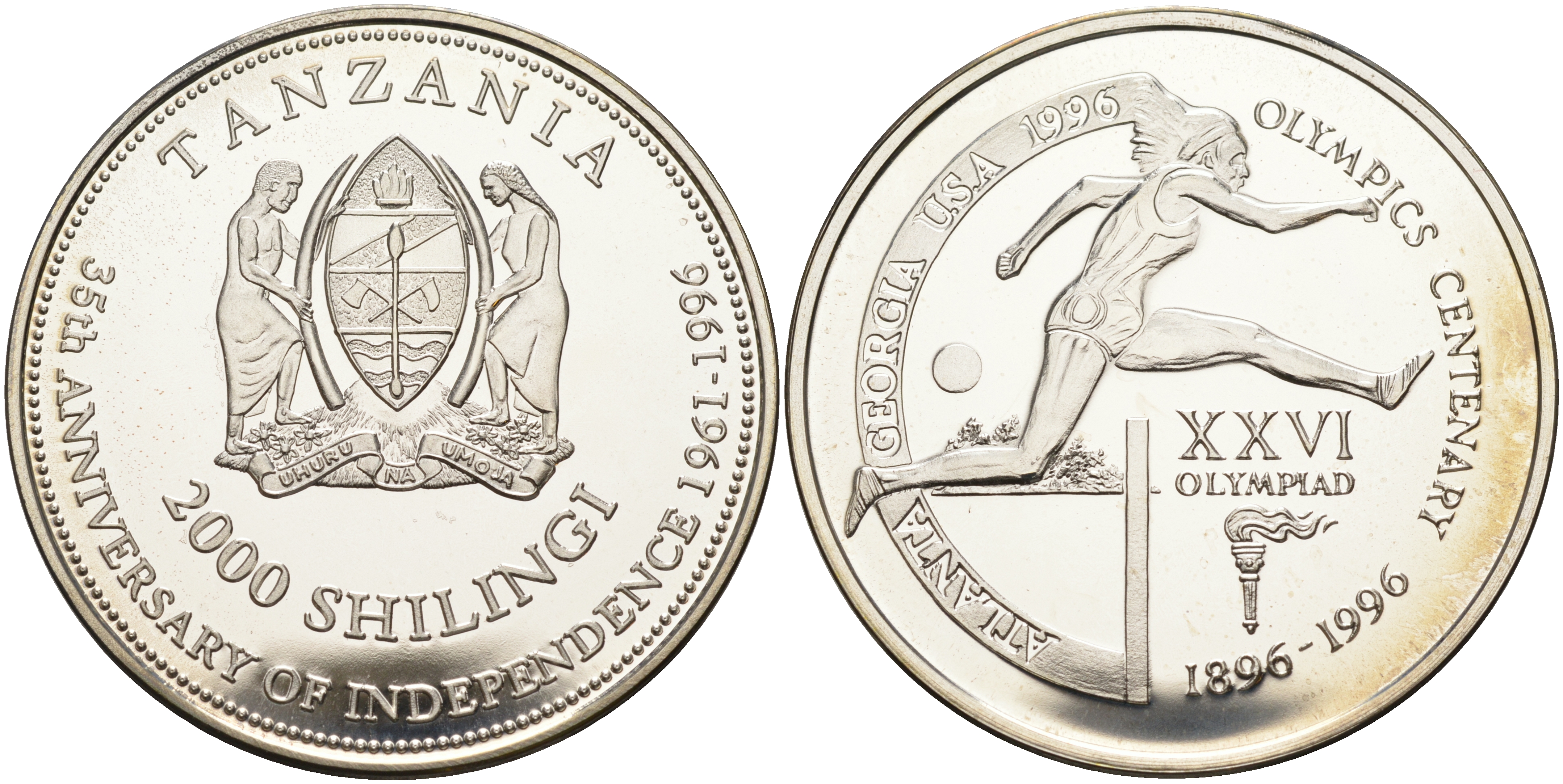 Танзания 2000 шиллингов 1996 XXVI Олимпийские игры 1996 года в Атланте, 100 лет Олимпийскому движению, бег с барьерами, пробник, гладкий гурт серебро PROOF 06-135-44