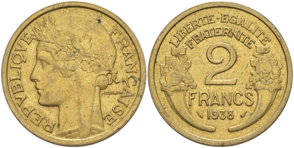 ФРАНЦИЯ 2 ФРАНКА 1938 ТИП MORLON KM 886, LE FRANC 268.11 алюминиевая бронза 3855-116